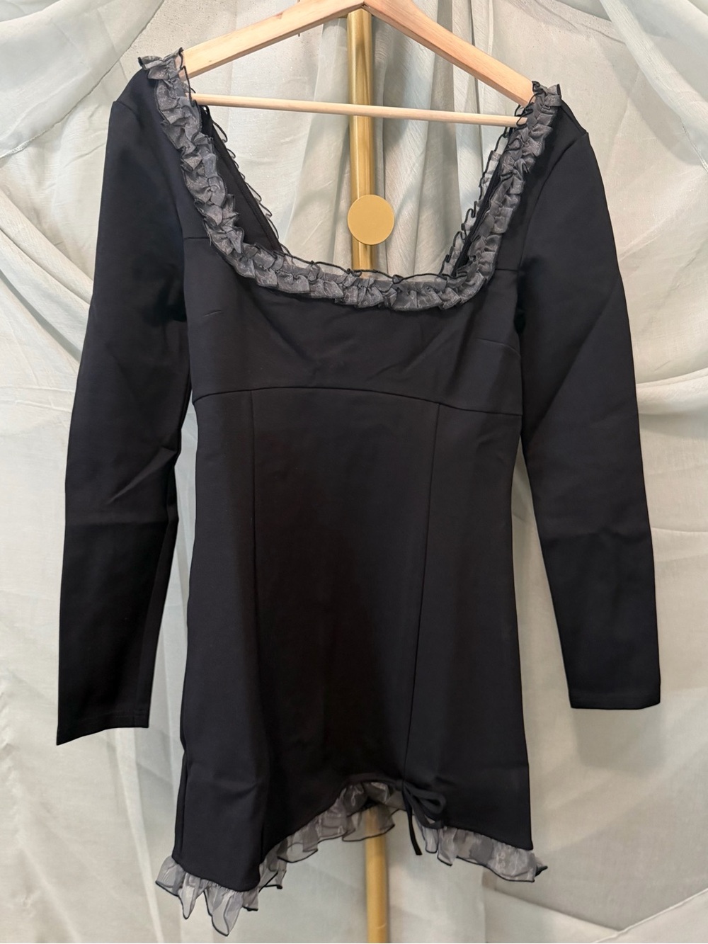 Free People Black Square Neck Long Sleeve Mini Dress with Ruffle Trim - Picture 3 of 8